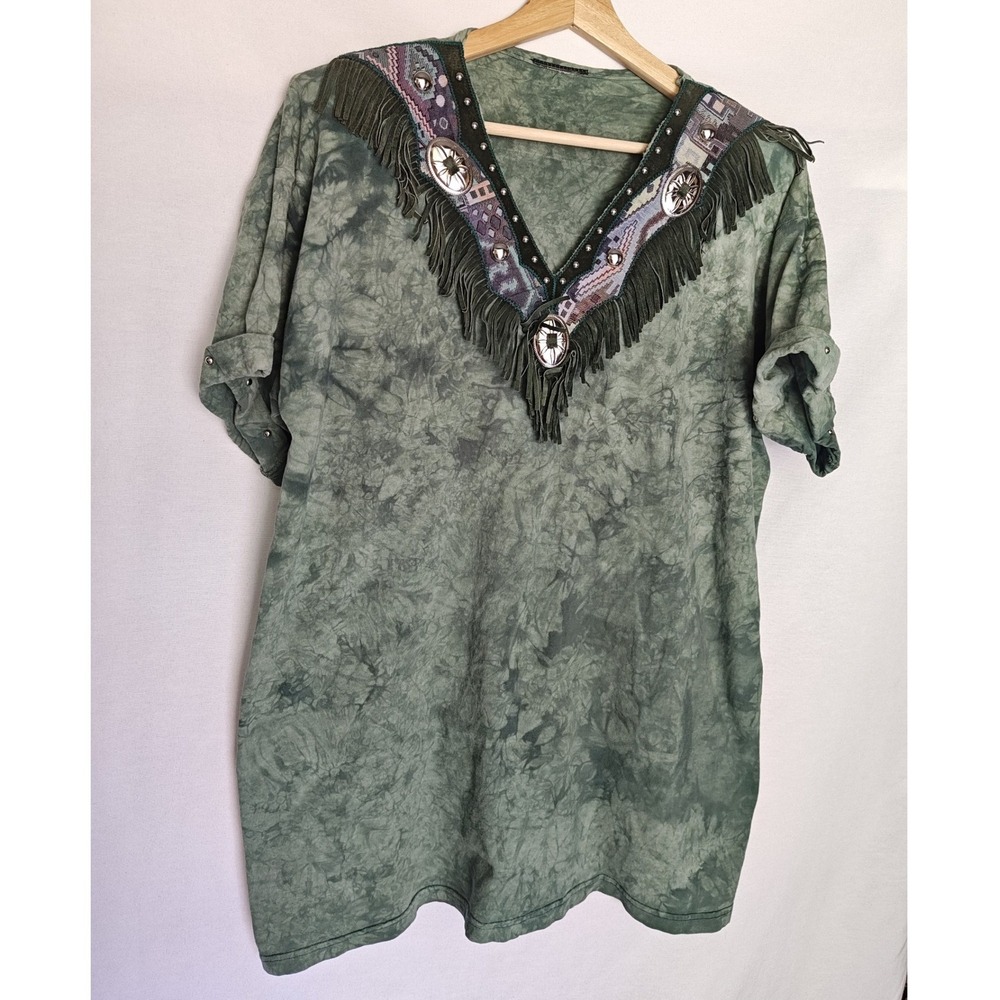 Western Fringe Embellished V Neck Shirt Green Tie Die Tee Conch Silver L XL Art - Picture 4 of 10